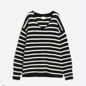 H&M Black and White Striped V-Neck Sweater- Oversized